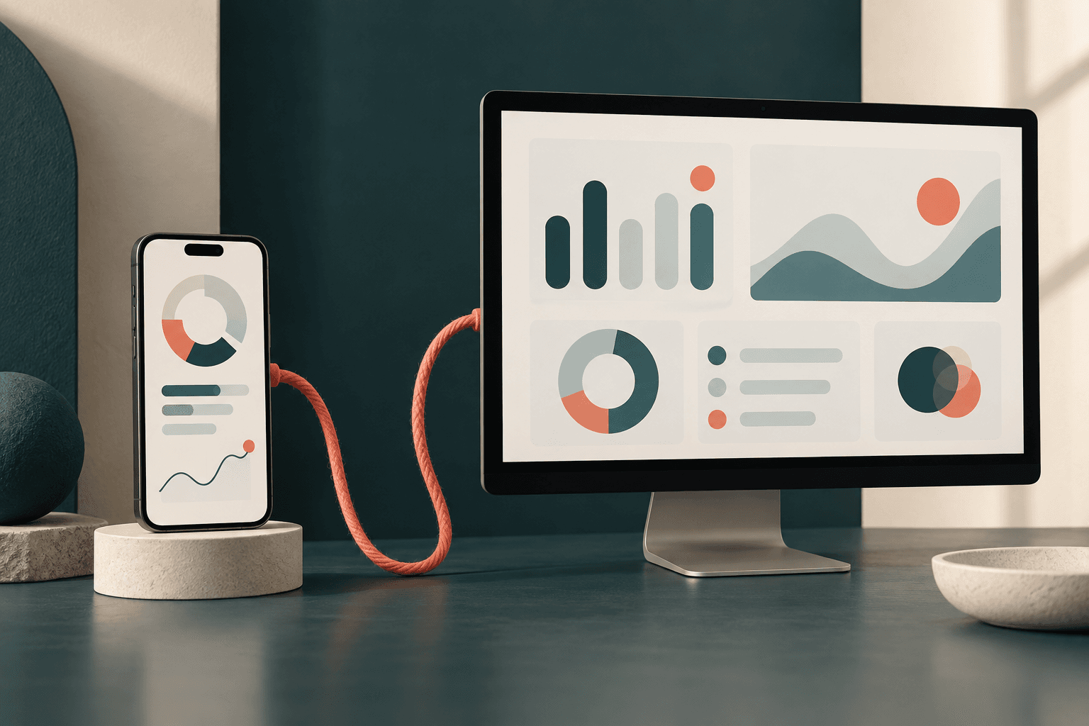 Ilustración de un teléfono y una computadora conectados